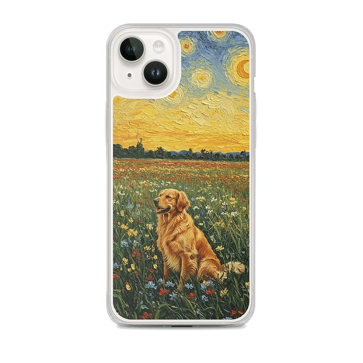 Golden Retriever in Sunset Flower Field Van Gogh Style Art iPhone Clear Case product image (1)
