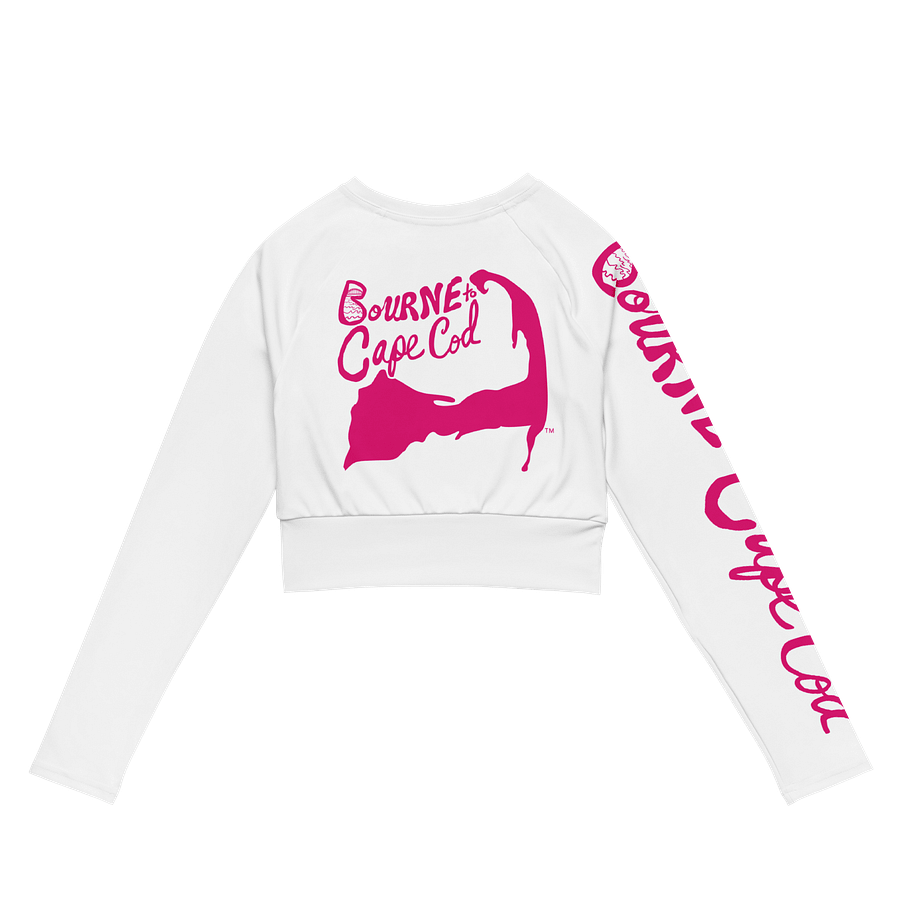 BOURNE to Cape Cod™ Crop Top | BRN.2C.C.™ Coastal Bold | Recycled Long Sleeve Statement Wear 🌊💃☀️ | Vibrant Pink Logos on White product image (7)