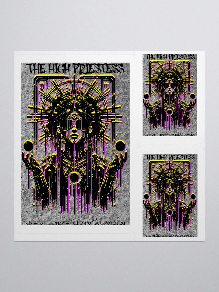 Cyberpunk Tarot Sticker – "The High Priestess" Card with Crystalline Headdress & Floating Orbs – Graffiti Stencil Futuristic Vinyl Decal product image (2)