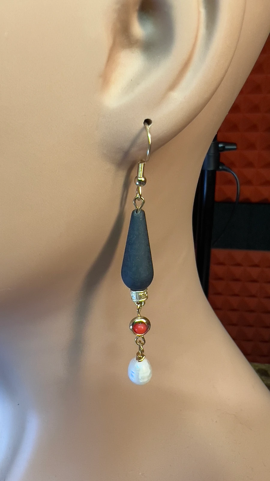 Earrings - Matte Black Onyx, Vintage Coral Glass Beads, and Freshwater Pearls - Hand-made by JB product image (2)