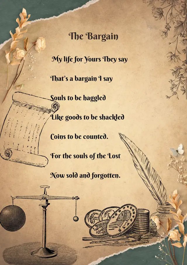 Well I made a poem #poem #vtuber #art My life for Yours They say That’s a bargain I say  Souls to be haggled Like goods to be shackled Coins to be counted. For the souls of the Lost Now sold and forgotten.