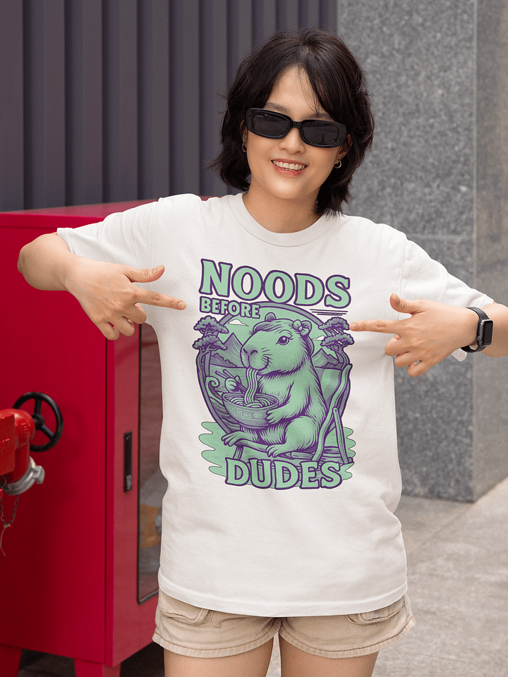 Capybara Noodle Time T-Shirt "NOODS BEFORE DUDES" product image (1)