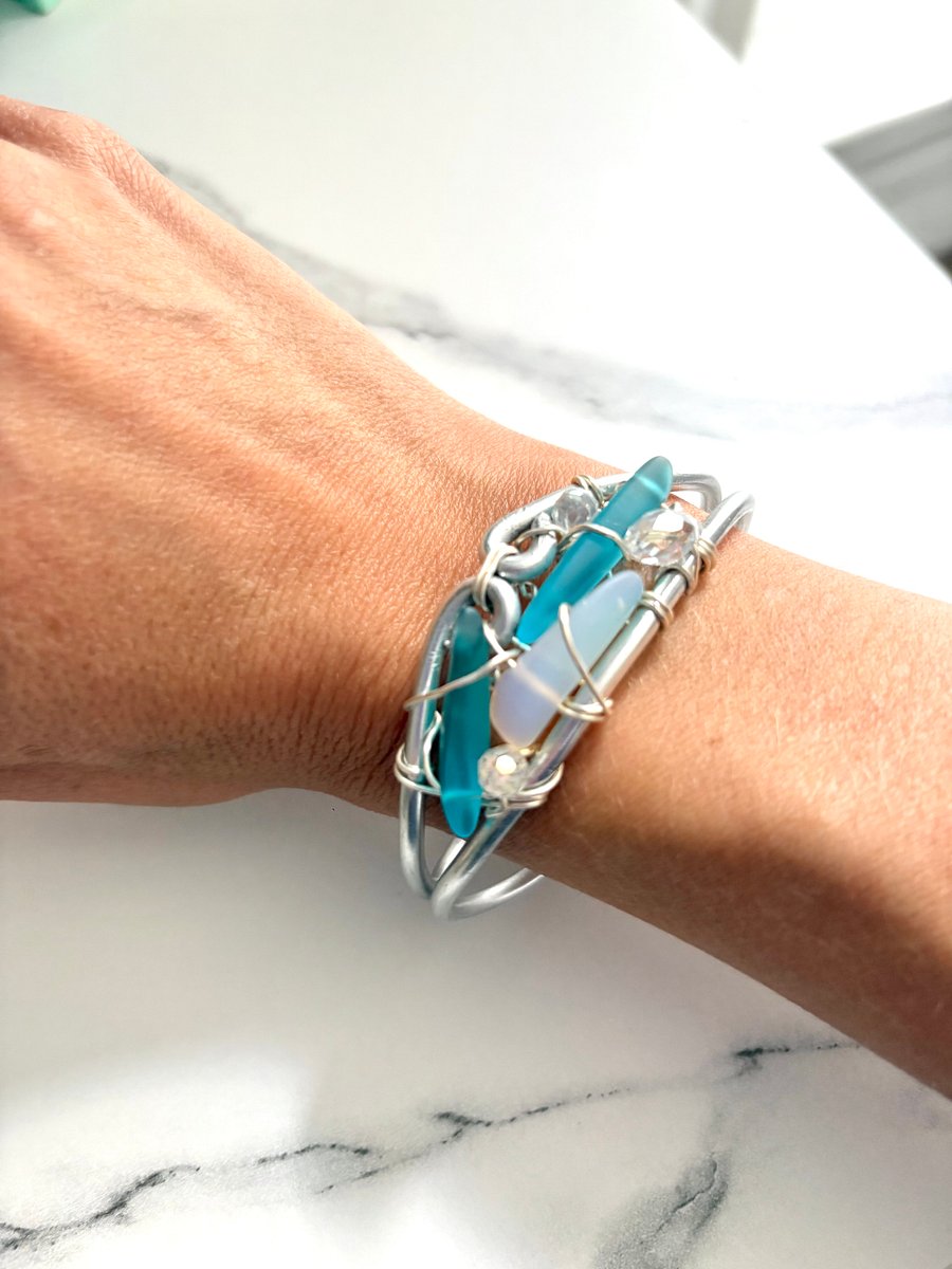 Ocean Shimmers Sea Glass Cuff Bracelet | Handmade Wire-Wrapped Adjustable | Coastal Charm by Monique Faella Designs™ | MFD-00221 product image (1)