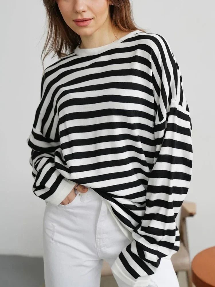 Oversize Striped O-Neck Knitted Tshirt product image (6)