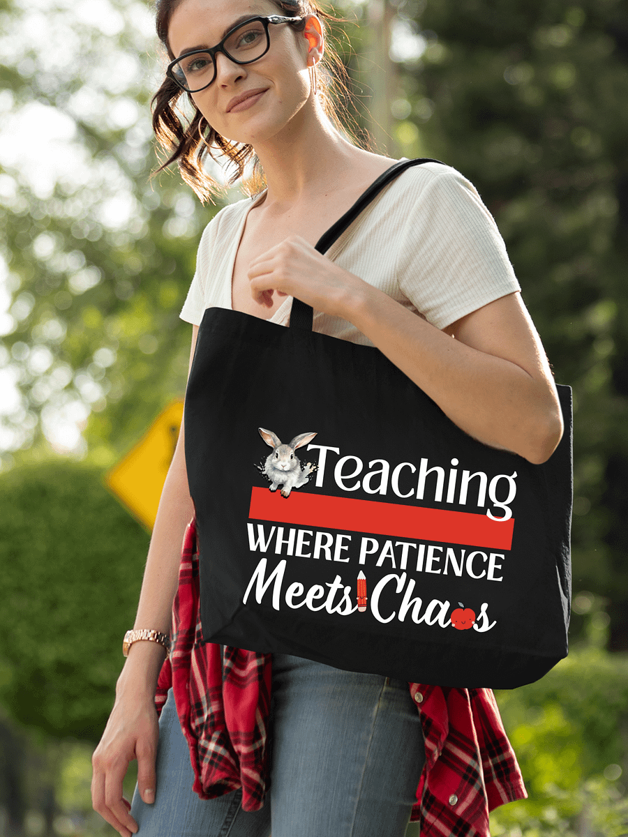 Bunny Teaching Where Patience Meets Chaos, Teacher Eco Tote Bag product image (1)