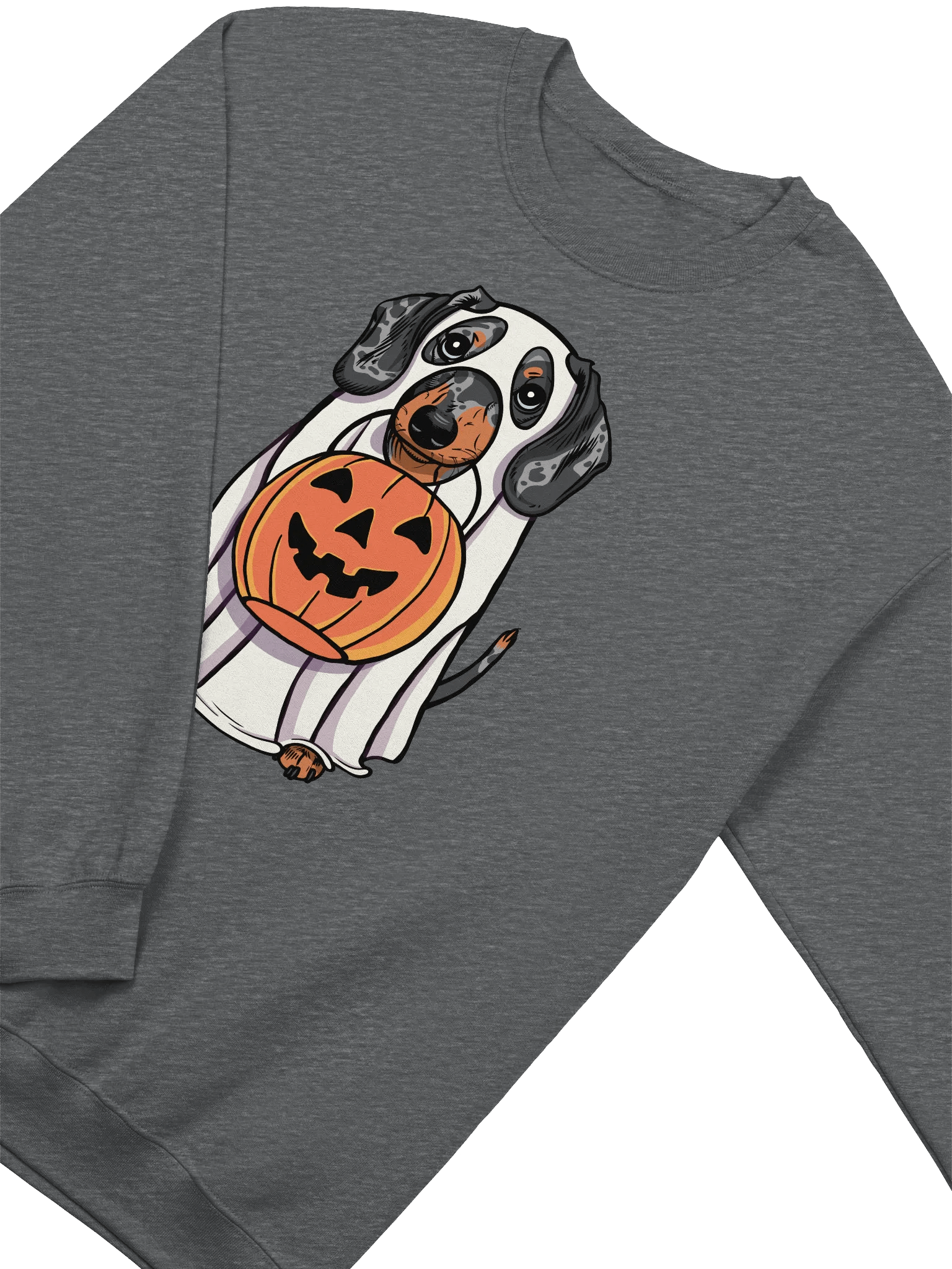 Funny Halloween Dachshund(Dapple) Sweatshirt | Funny Doxie/Wiener Wearing a Ghost Costume and Holding a Pumpkin Basket product image (8)