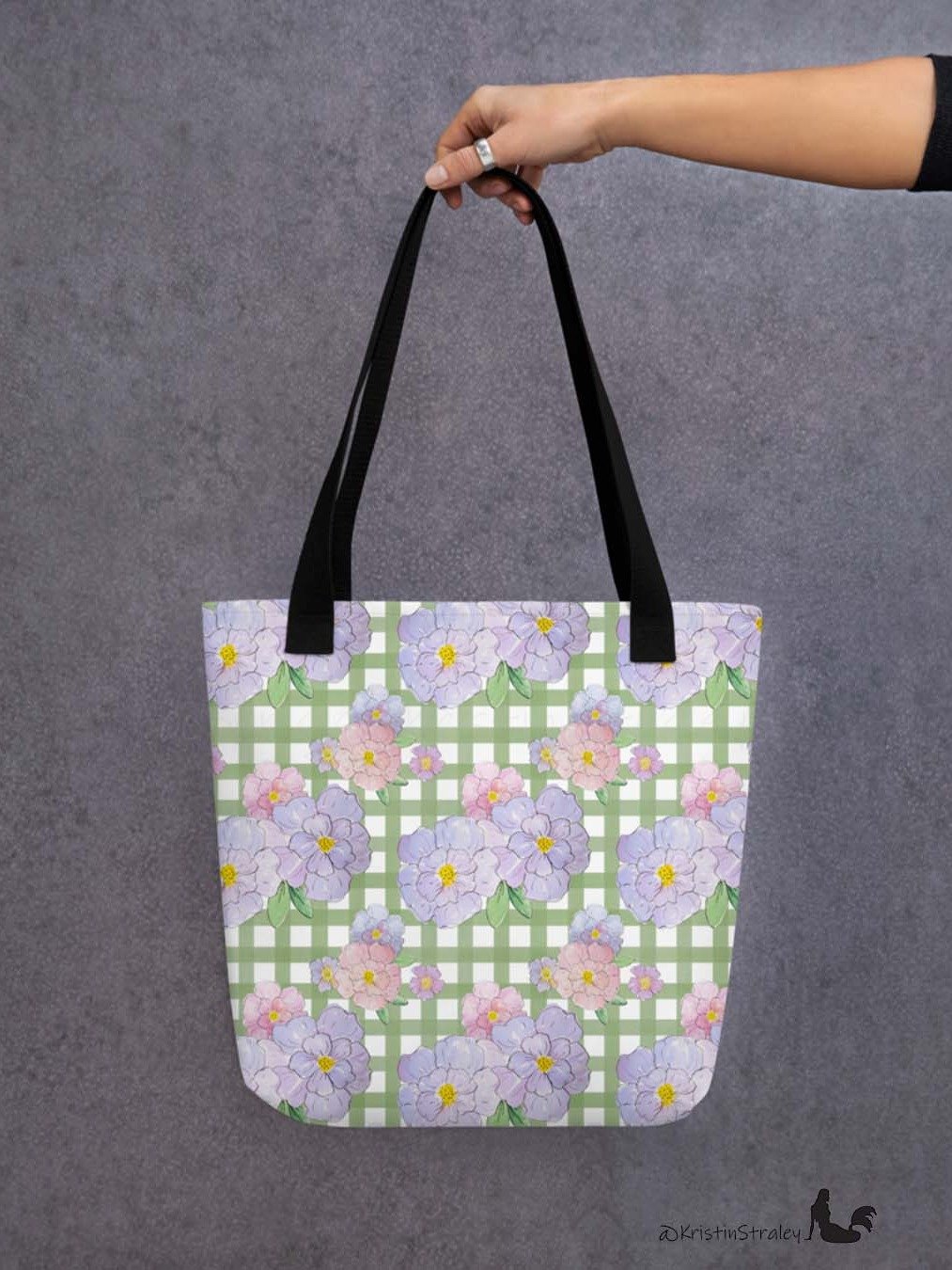 Gingham Blossoms - Med Lavender Flowers on Green Gingham product image (5)