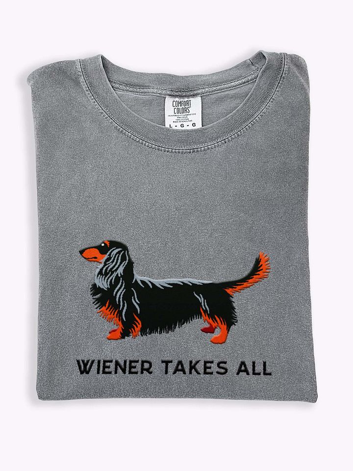Wiener Takes All T-Shirt(Embroidered) of a Longhaired Dachshund(Black & Tan) product image (1)