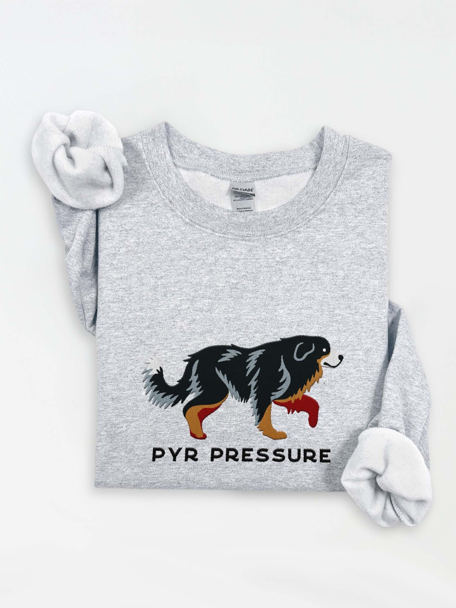 Pyr Pressure Sweatshirt (Embroidered) of a Great Pyrenees(Black & Tan) product image (1)