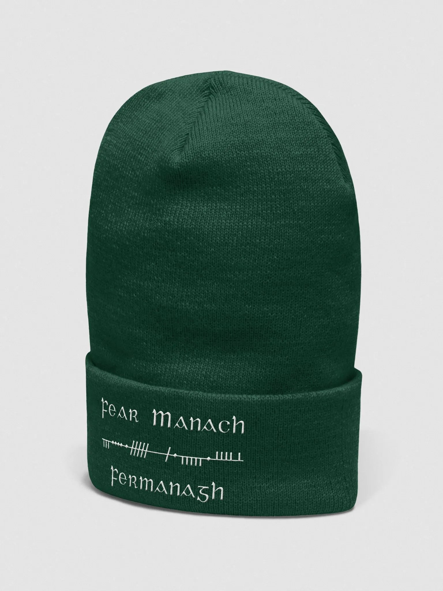 Fermanagh/Fear Manach, Green with white, Scholastic style Ogham embroidered Cuffed Beanie product image (2)
