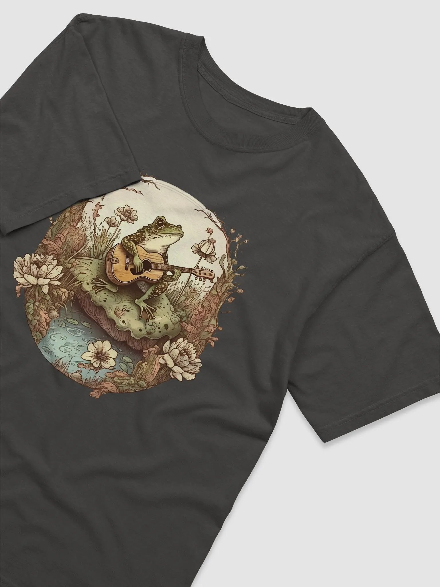 Vintage-Style Cottagecore Frog Playing Guitar in Forest T-Shirt | Cottagecore, Goblincore, & Mystical Shirt Design product image (22)