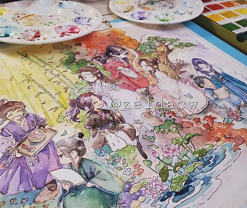 Painting Mxtx danmei bois in Gansai #gansaitambiwatercolor #danmei #mdzs #tgcf #svsss #traditionalart #wangxian #hualian #bin...