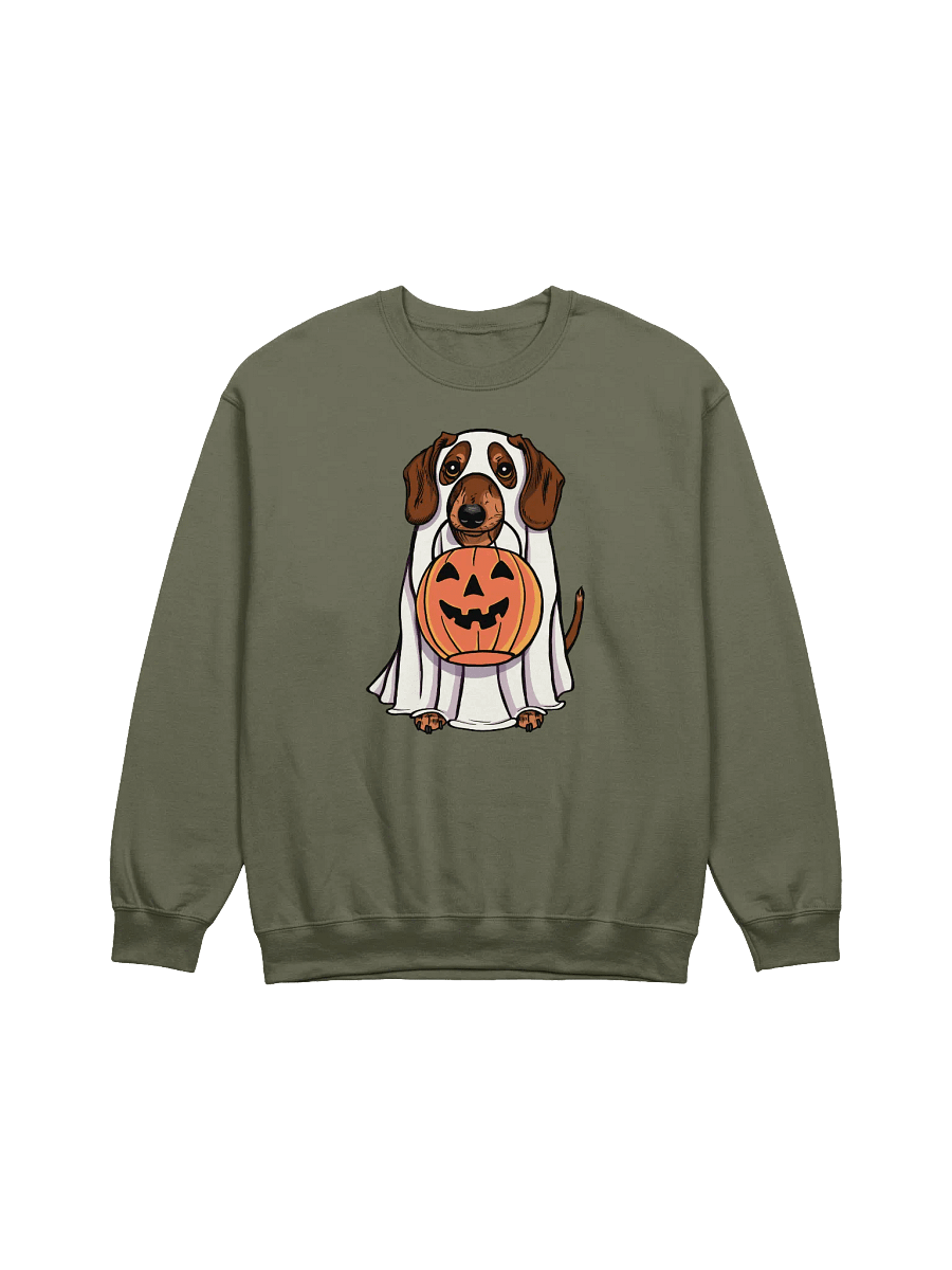 Funny Halloween Dachshund(Brown) Sweatshirt | Funny Doxie/Wiener Wearing a Ghost Costume and Holding a Pumpkin Basket product image (3)