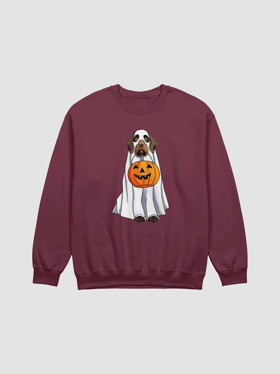 German Wirehaired Pointer Halloween Sweatshirt | Funny Halloween GWP Wearing a Ghost Costume with Pumpkin Basket product image (16)