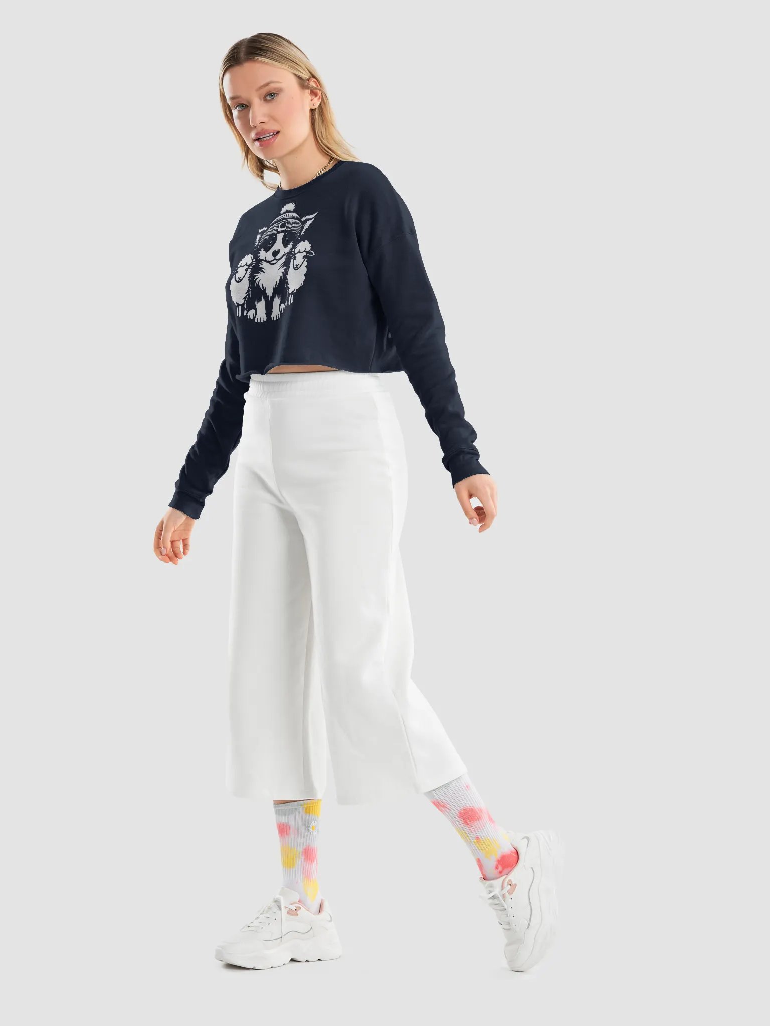 Cute Border Collie with Sheep Women's Fleece Crop Sweatshirt product image (6)