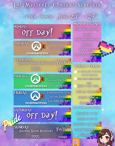 🌈✨ It’s the last week of Pride Month AND a brand-new Overwatch 2 season has dropped! 🎮💥
New stream schedule, same squirrel-fu...