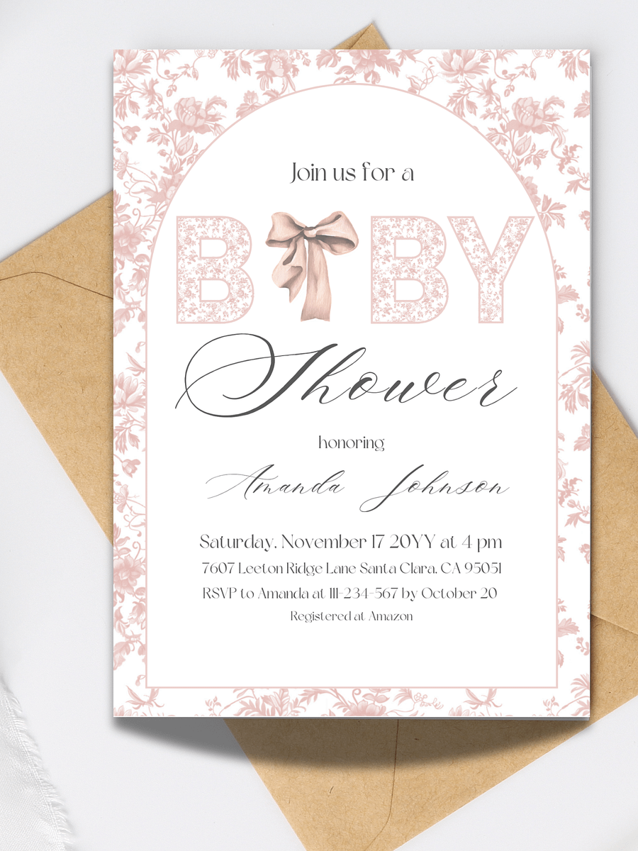 Pink Toile de Jouy and Bow Baby Shower Invitation, Chinoiserie Floral Themed Girl Baby Shower Invite for Digital Download product image (1)