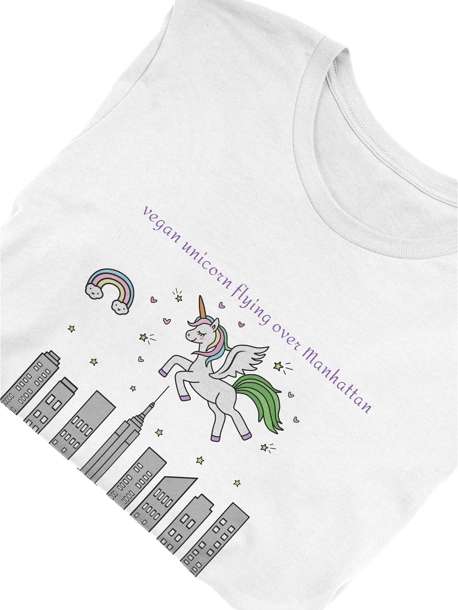 “Vegan Unicorn Flying Over Manhattan” Unisex White T-Shirt product image (3)