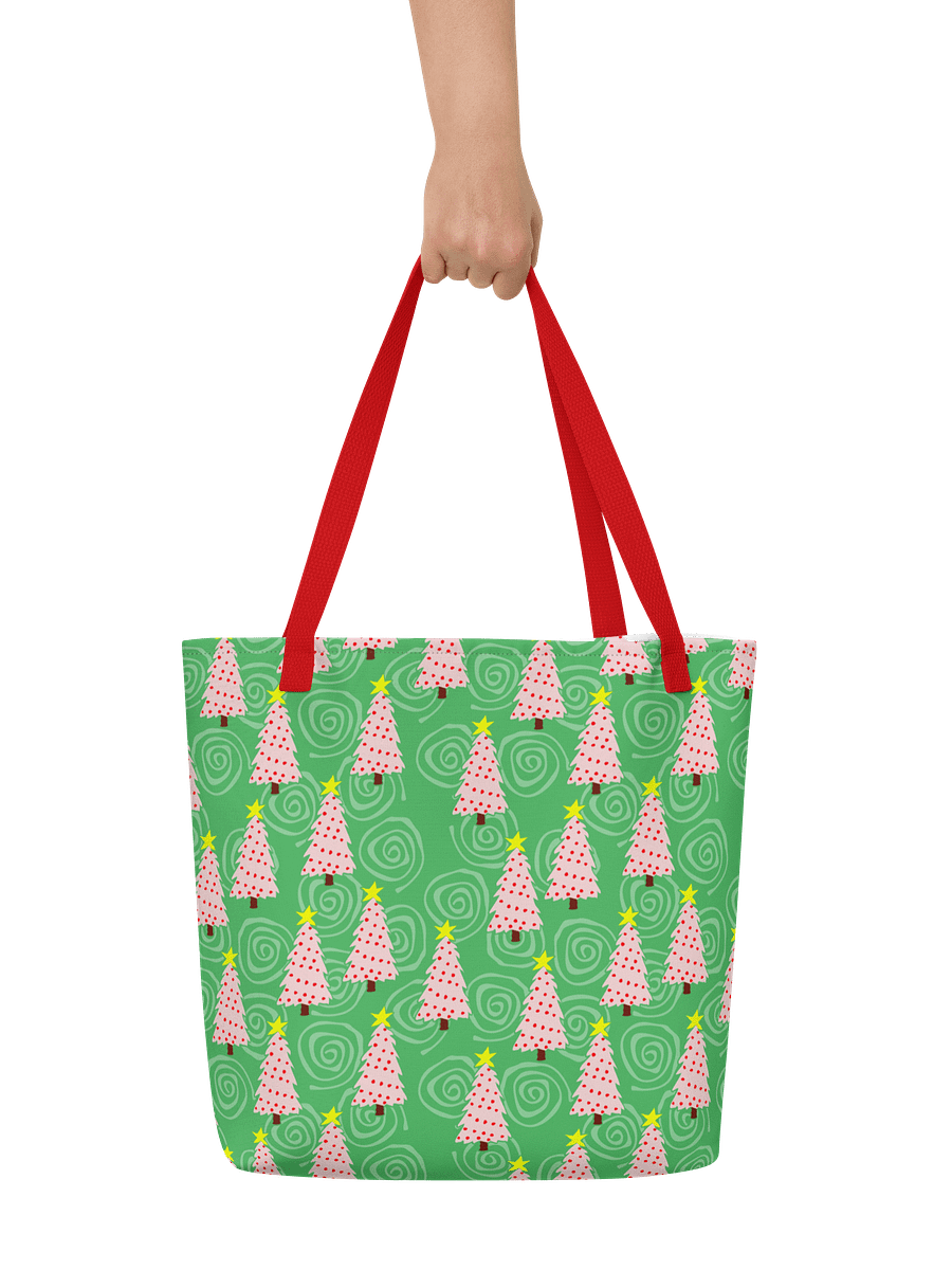 Pink Christmas Trees on Green with Swirls – Large Tote Bag product image (6)