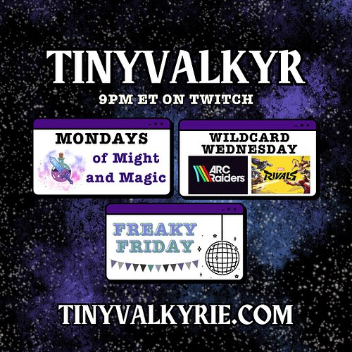 ✨ Weekly Stream Schedule! ✨
Catch me live every week at 9PM ET with a mix of magic, chaos, and community fun! 💜🌌

⚔️ Mondays ...