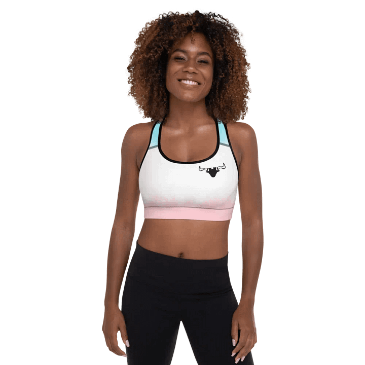 Bull's horns design with Background fill of water pink and blue gradient-All-Over Print Padded Sports Bra. product image (1)