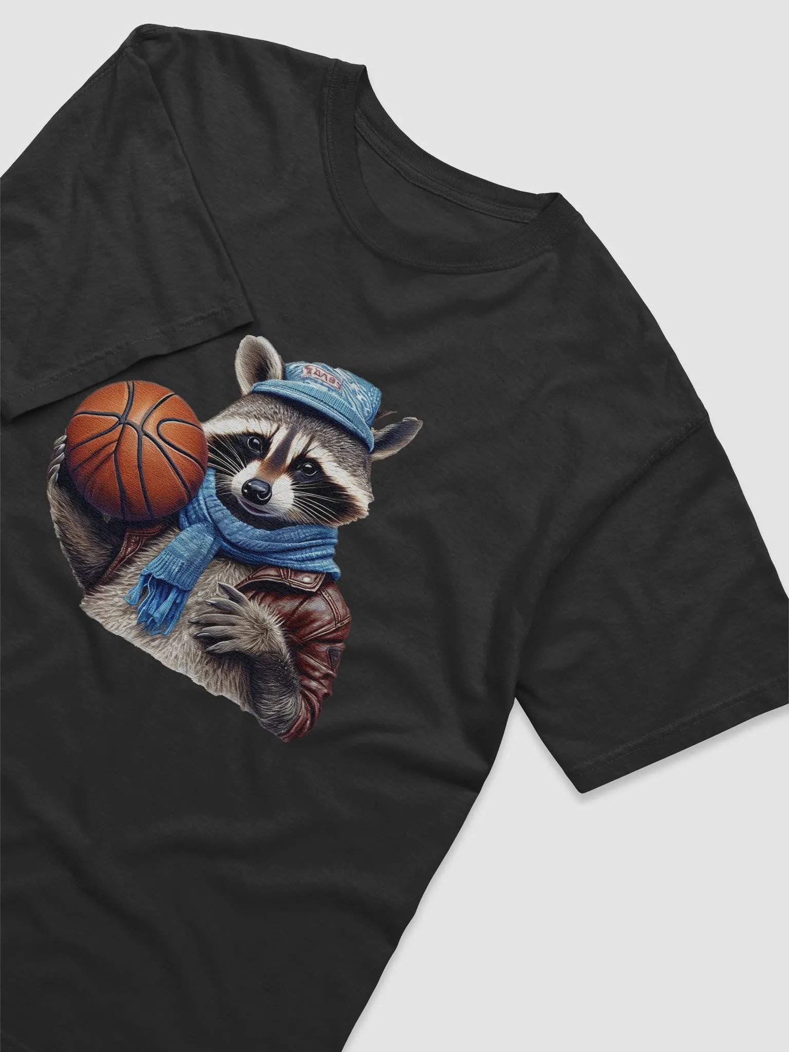 racoon wearing a scarf and a hat holding a basketball product image (3)