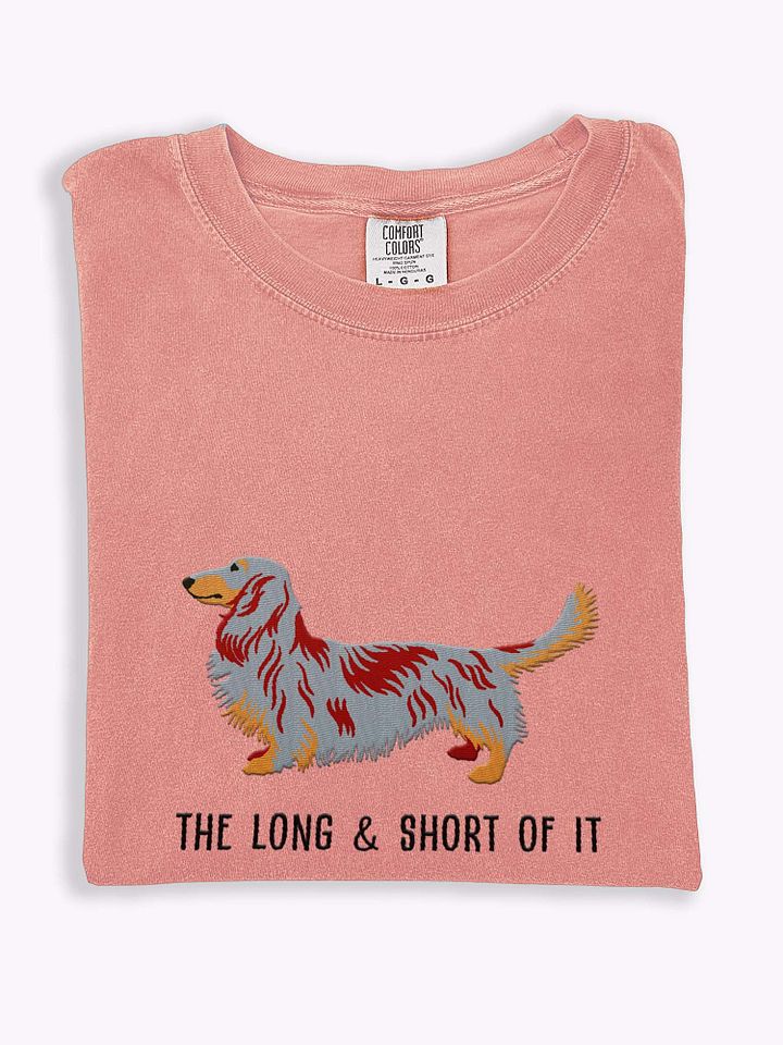 The Long & Short of It T-Shirt(Embroidered) of a Longhaired Dachshund(Red Dapple) product image (1)