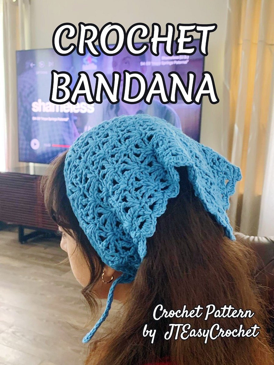 Blue Bandana Pattern Crochet Gift Boho Style Romantic Adult Kid Dog Kerchief Head Scarf product image (3)