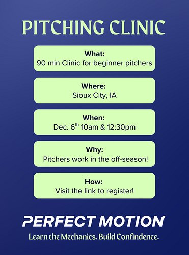 Get your spot now! 

Limited spots available for our beginner softball pitching clinic in Sioux City on Dec 6th. 

We help te...