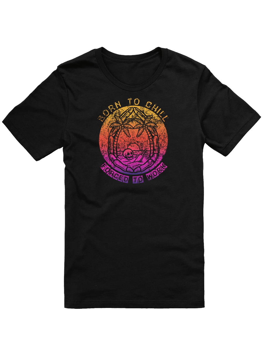Born To Chill Forced To Work T-Shirt | Funny Work-Life Balance Tee | Retro Sunset Skull Graphic product image (1)