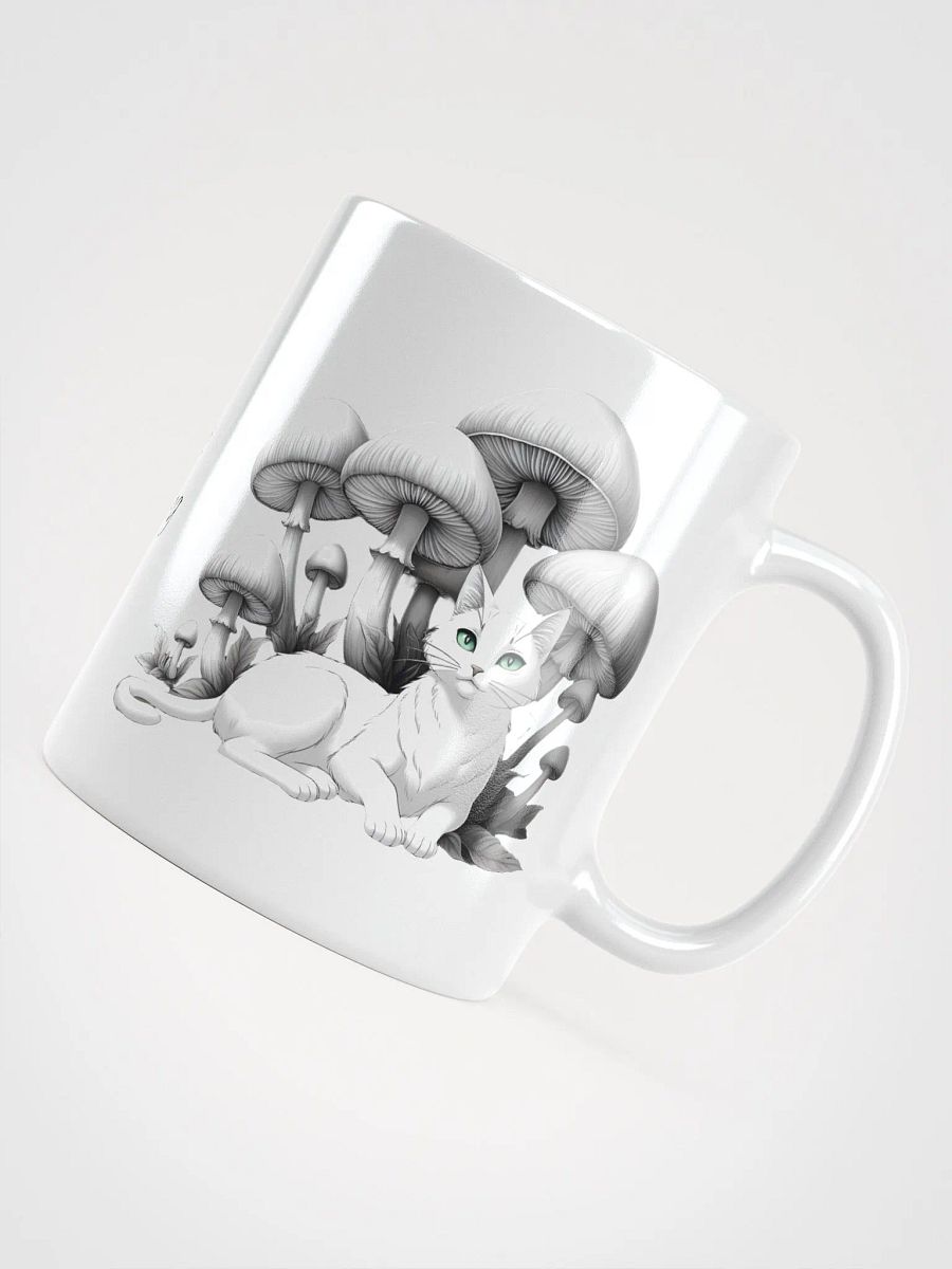Black Cat and White Cat Resting Under Giant Mushrooms White Glossy Ceramic Mug product image (4)