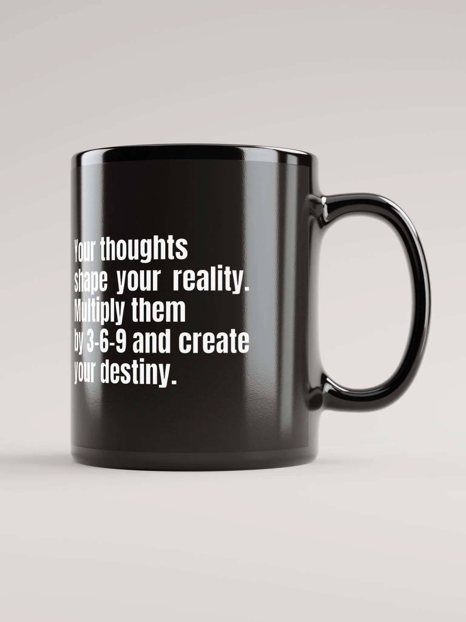 Black Motivational Mug – "Your Thoughts Shape Your Reality" – 3-6-9 Manifestation Design product image (2)
