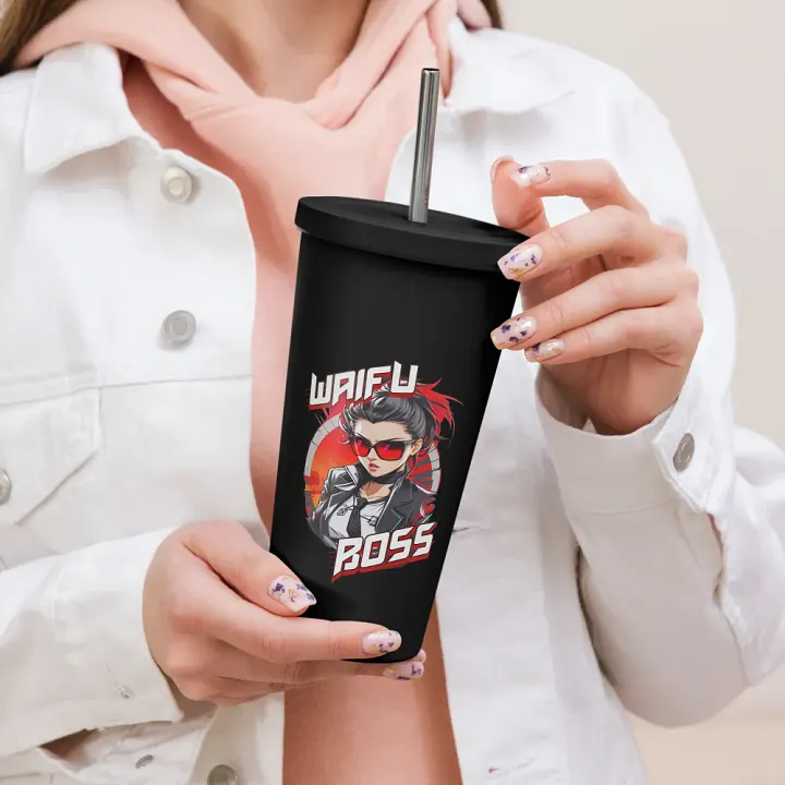 Waifu Boss 20 oz Tumbler Cup - Black - Insulated Tumbler with a Straw v1 product image (2)