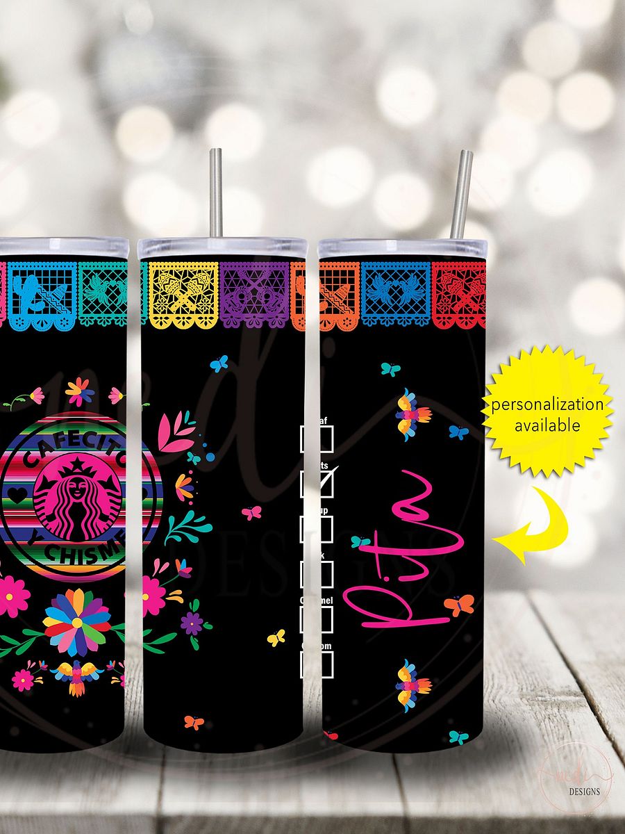 Tumbler Cups | 20oz Skinny Tumbler | Cafecito Y Chisme Fiesta Black Tumbler | Personalized Tumbler | Mexican Tumbler with Straw product image (2)