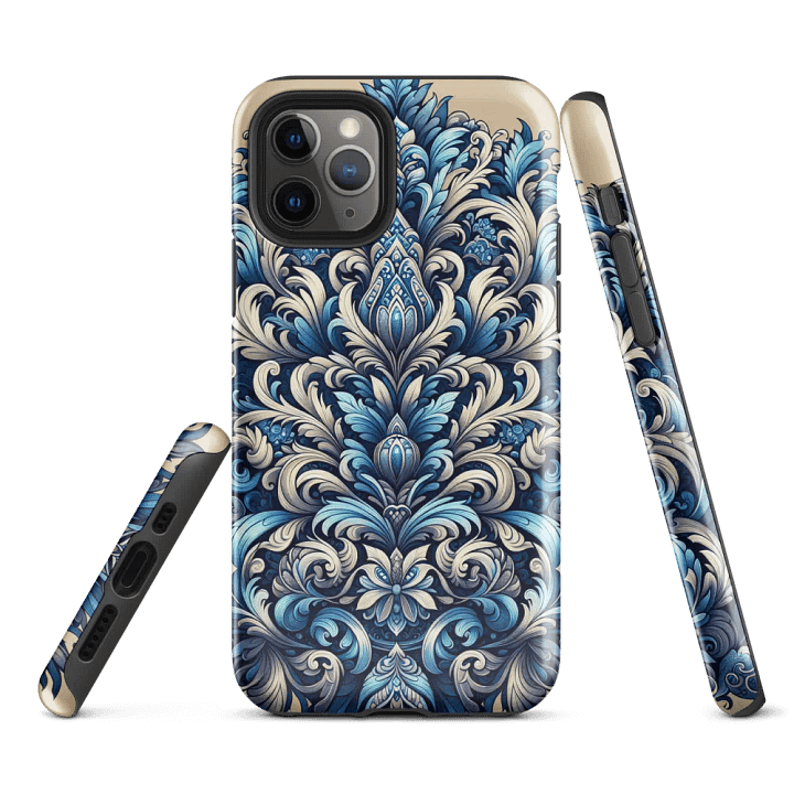 Tough Phone Case for iPhone® - Rococo Damask Floral Design in Blues and Gray product image (1)
