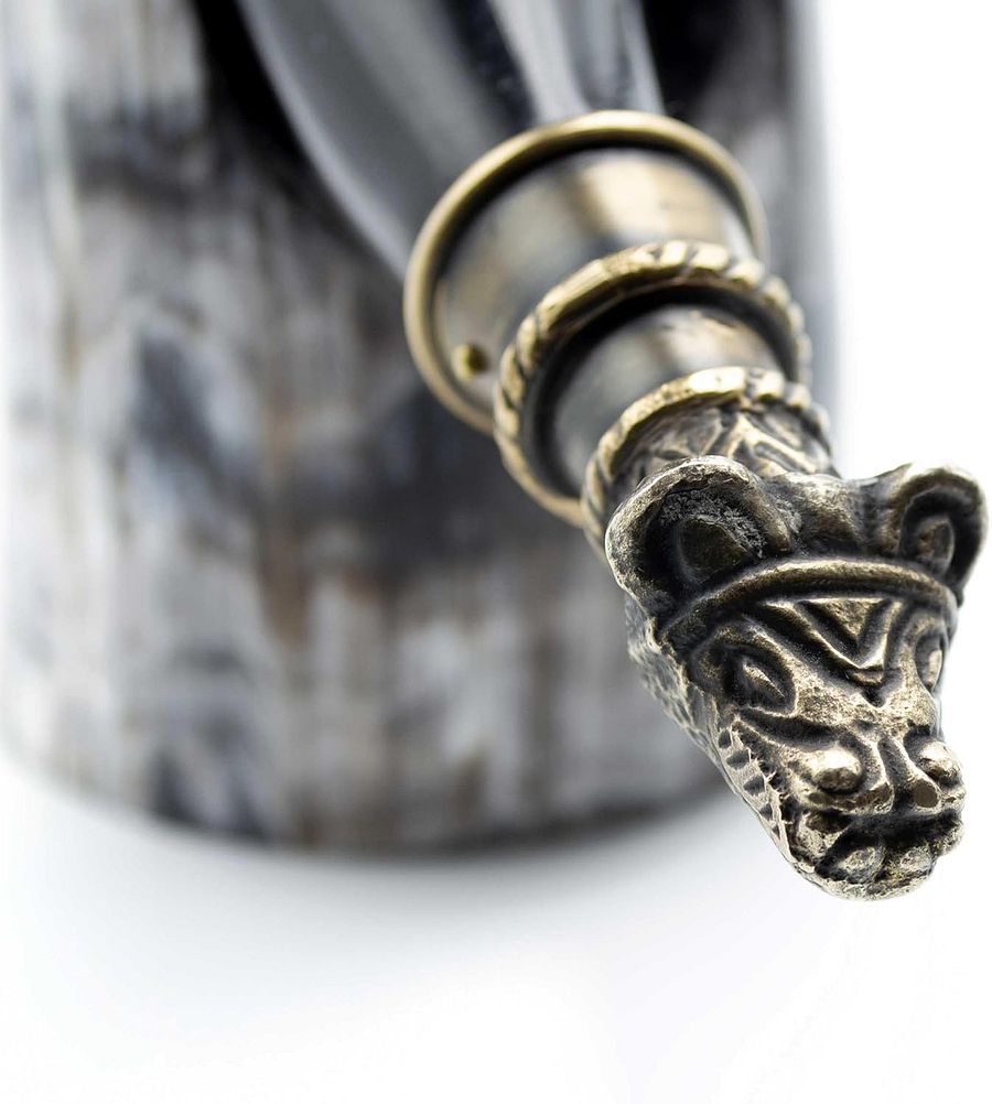 Genuine 30 cm Ox-Horn Viking Drinking Horn with Horn Stand & Brass Wolf Adornments product image (3)