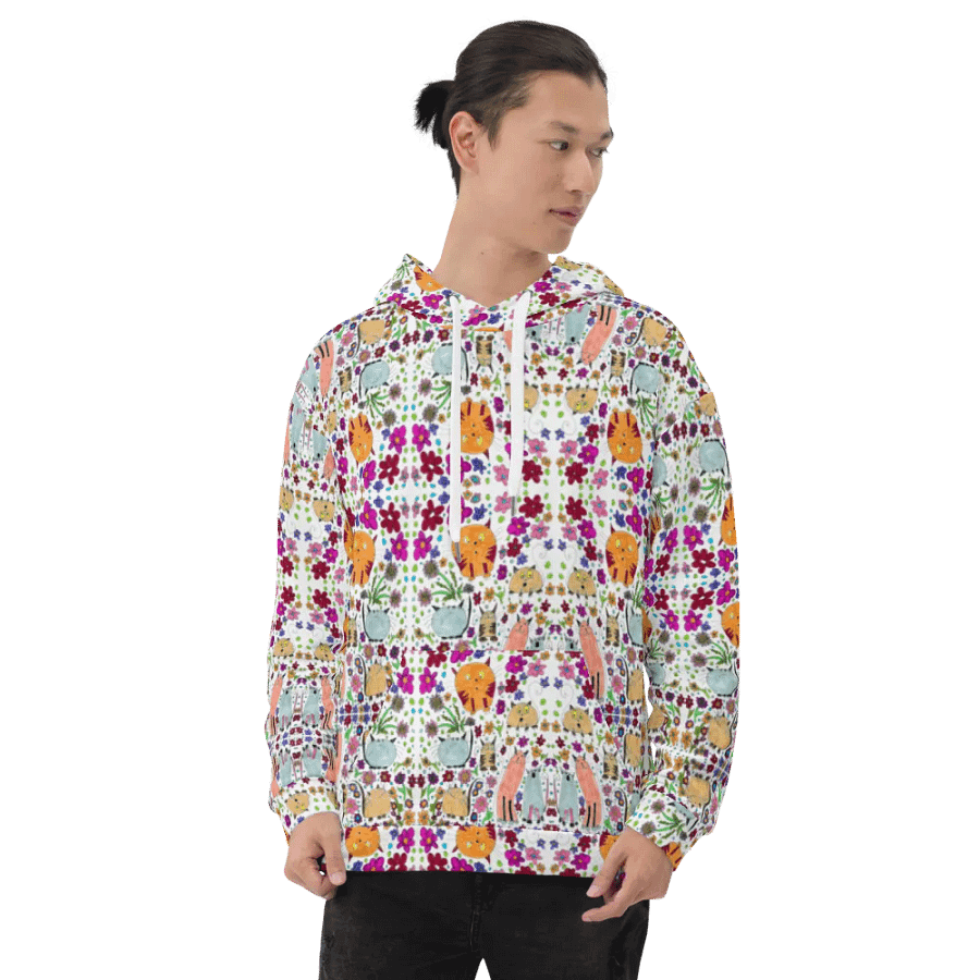 Abstract Floral Doodle Art Cats Unisex Pull Over Hoodie product image (8)