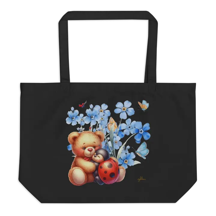 Forget-Me-Not Whispers Teddy Bear Tote Bag (Large) – Organic Cotton Twill, Floral Design with Teddy Bear & Ladybug, Eco-Friendly Bag product image (1)