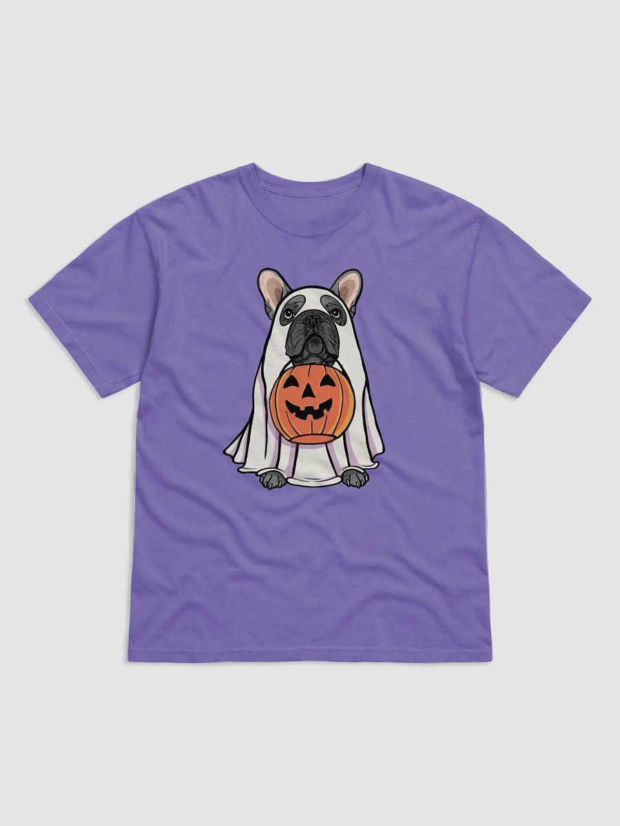 Funny Halloween French Bulldog(Blue) T-Shirt | Funny Frenchie Wearing a Ghost Costume and Holding a Pumpkin Basket product image (27)