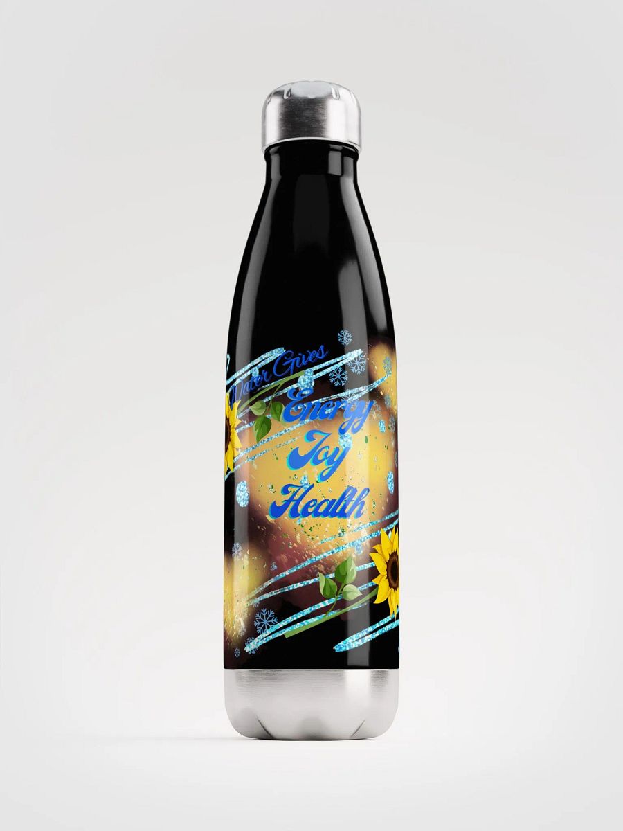 Stainless steal water bottle with beautiful sunflowerr blue water drops featuring ' This water gives Harmony in Body and Mind