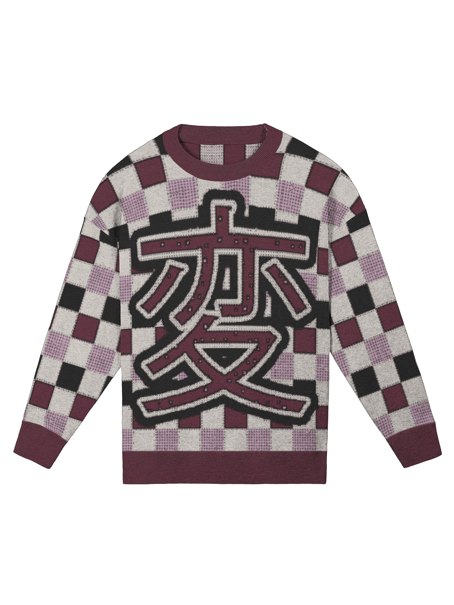 Kanji of LOVE set on Ichimatsu pattern in Fall Equinox colors of Enso Twilight Relaxed Fit Jacquard Knitted Sweater product image (1)