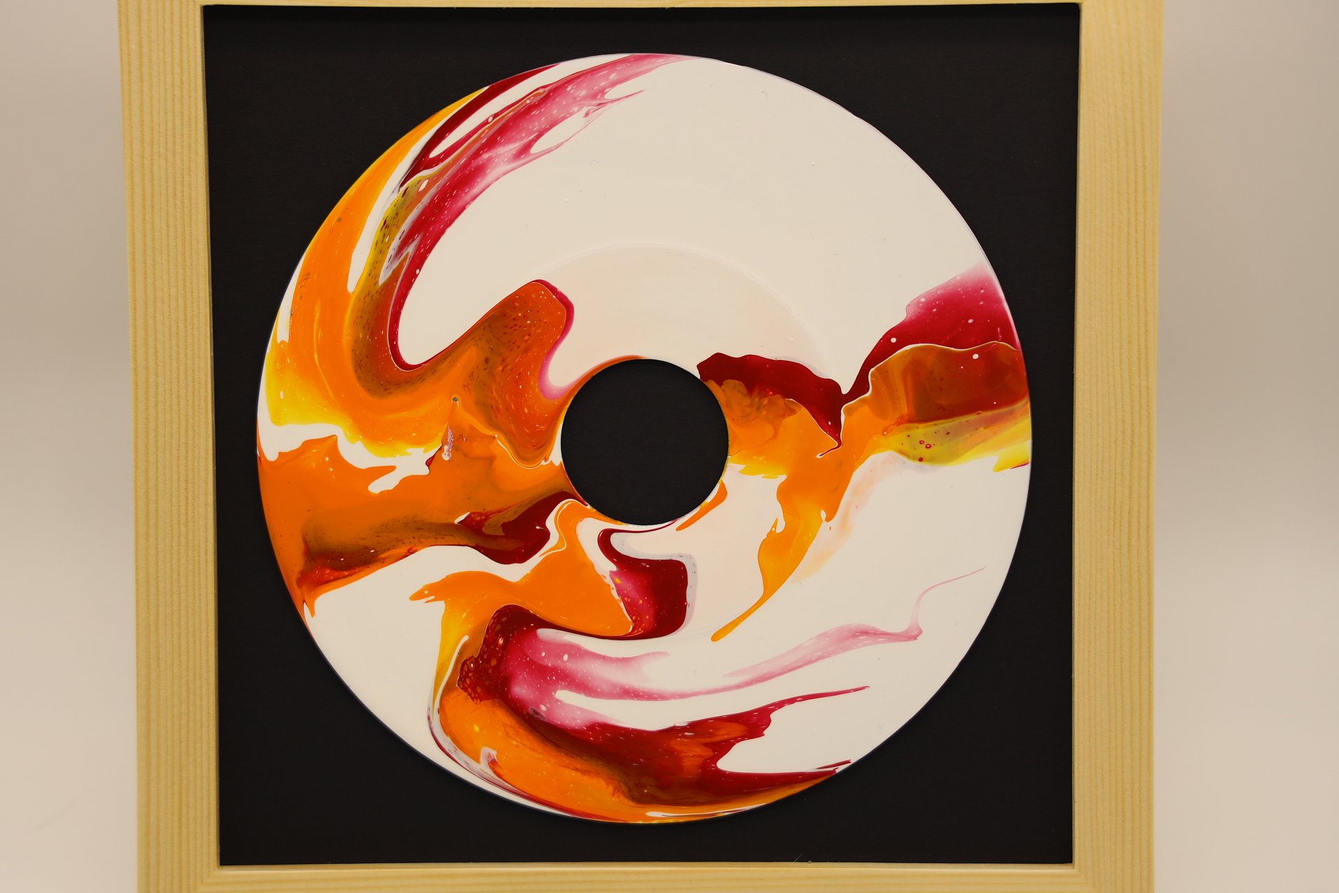 Framed Acrylic Pour Painting on 45 Vinyl Record - Maroon and Orange product image (2)