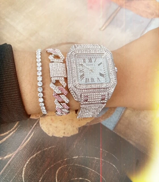 FASHION ICED SILVER RHINESTONE BRACELET AND WATCH SET product image (1)