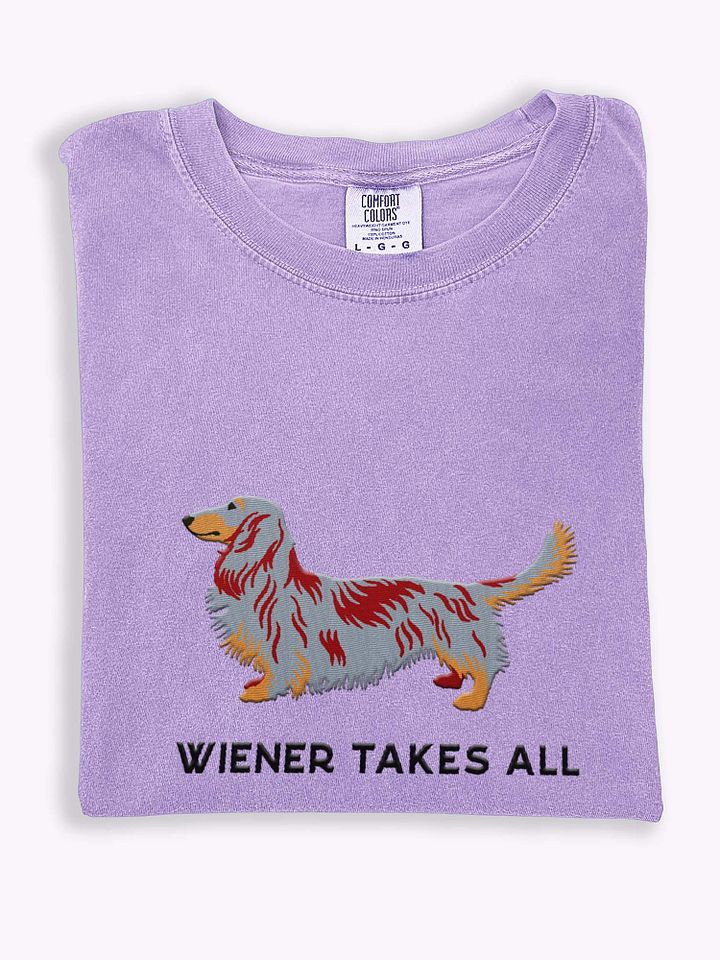 Wiener Takes All T-Shirt(Embroidered) of a Longhaired Dachshund(Red Dapple) product image (1)