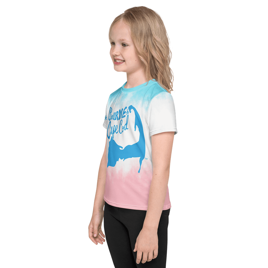 Girls' | Kids T-Shirt | BOURNE to Cape Cod™ | Front & Sleeve Logo | BRN.2C.C.™ Back Graphic | Vibrant Coastal Tee for Kids | Blue Logo on Patriotic Pastels product image (3)