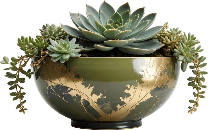 Kintsugi Harmony – Olive Green Planter with Succulents PNG product image (1)