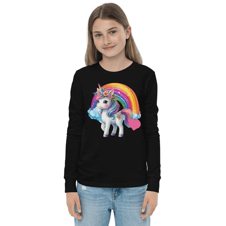 Floral Unicorn with Rainbow Black Long Sleeve Front and Back product image (1)