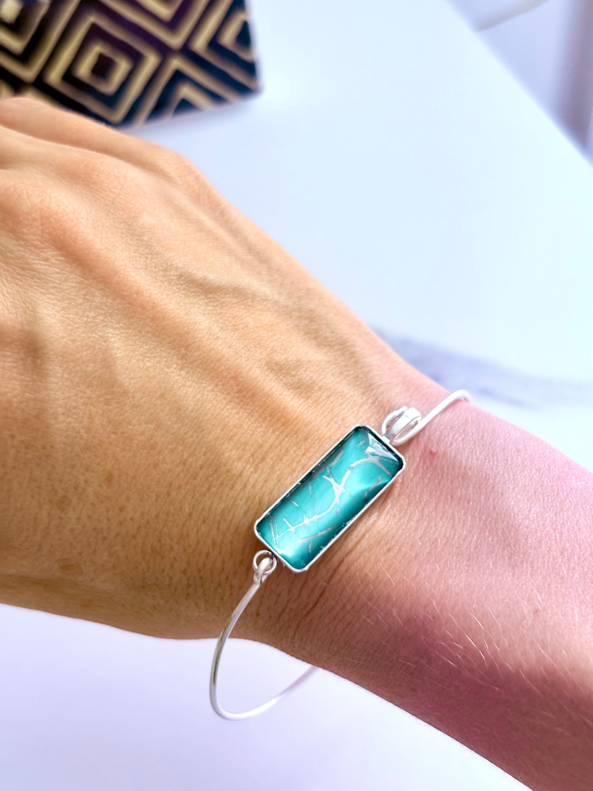 MFD-00174 | ⚡ Electric Tide Bangle | 7.75" Silver-Plated Wire Bracelet with Green and Silver Marbling | Rectangle Charm | Handmade Coastal Charm Jewelry by Monique Faella Designs™ product image (2)