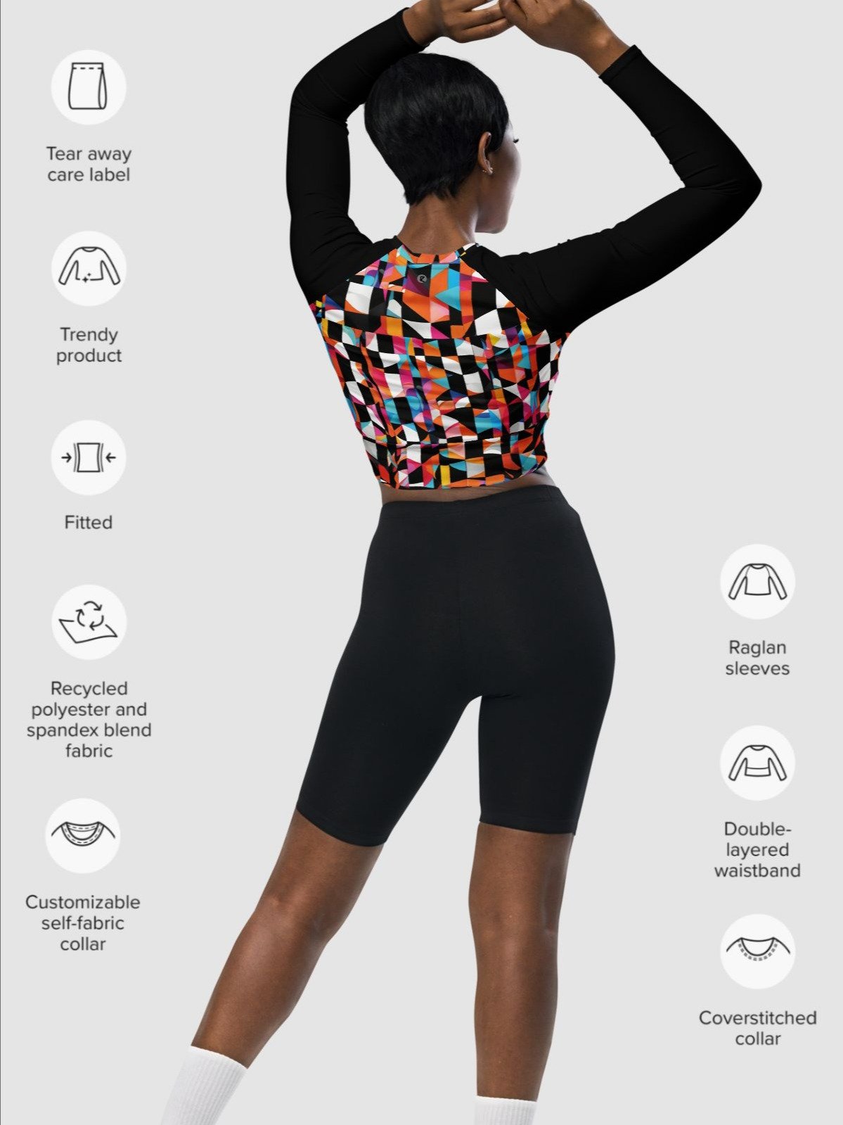 Recycled Long Sleeve Crop Top "Colorful Modern Abstract Checkered Art Printed" product image (4)