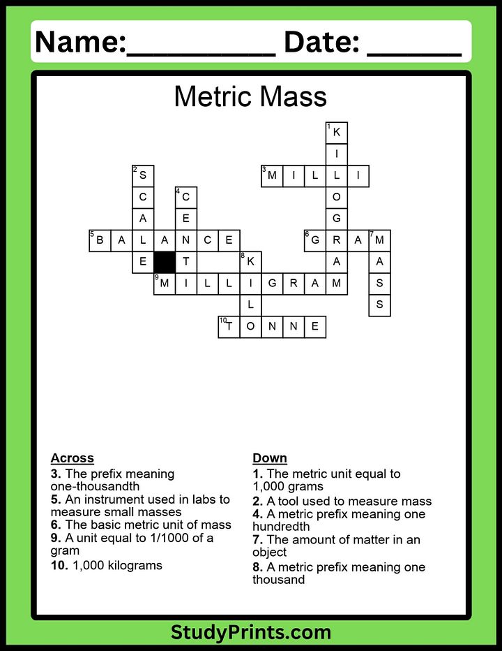 Metric Mass Crossword Puzzle Worksheet product image (2)